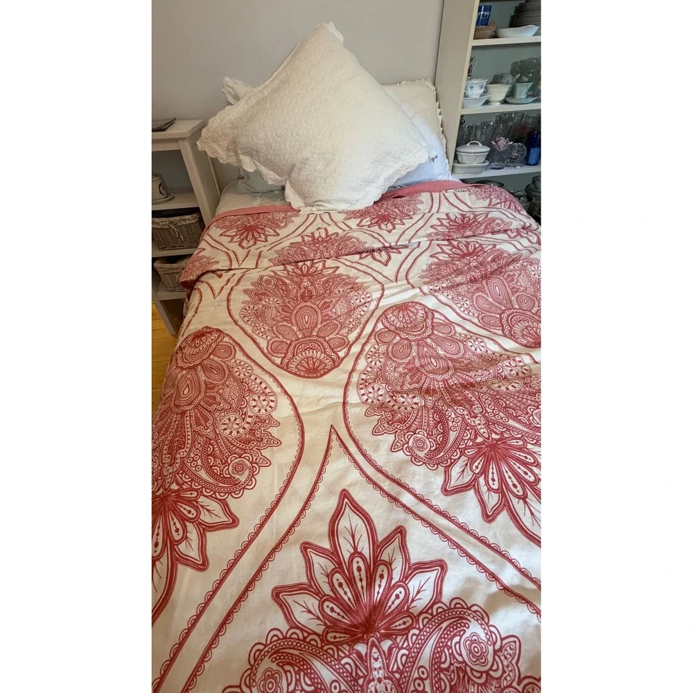 Pottery Barn Paisley Medallion Coral Twin Duvet Cover 100% Cotton Button Closure
